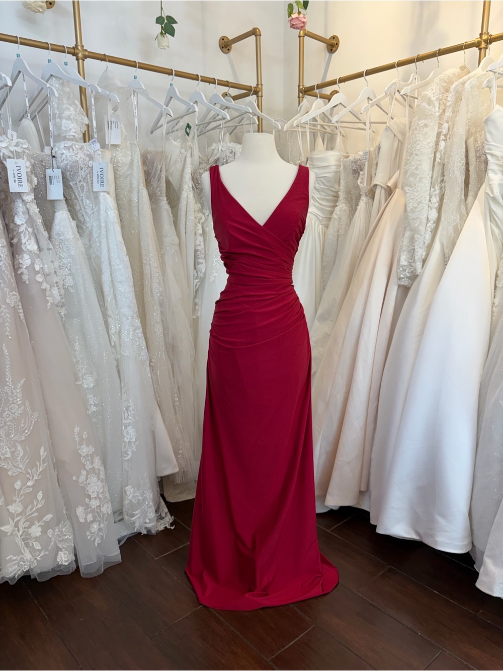 Bari Jay Fuchsia V-Neck Ruched Evening Gown